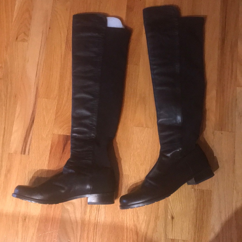 Leather & stretch fabric pull on boots